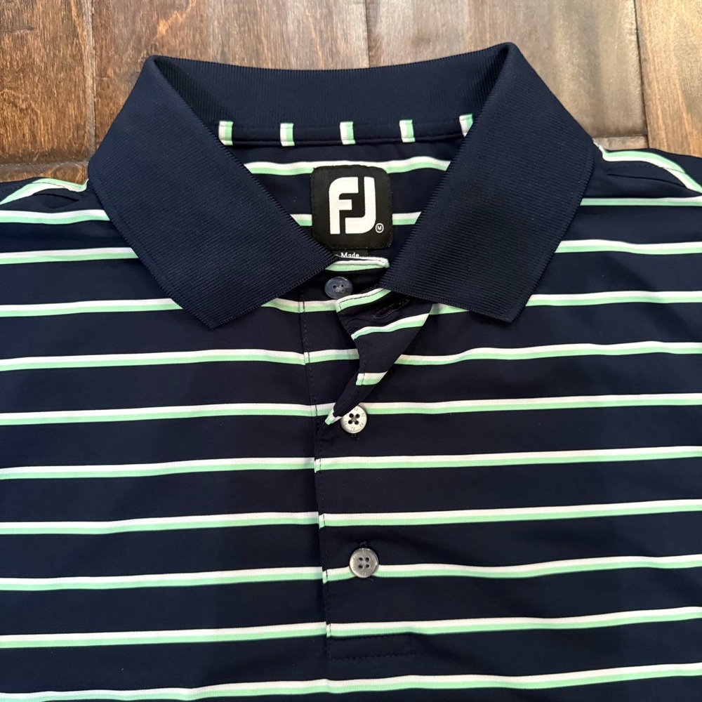 FootJoy Green Navy Stripe Polo Golf Shirt size Medium - Picture 2 of 7